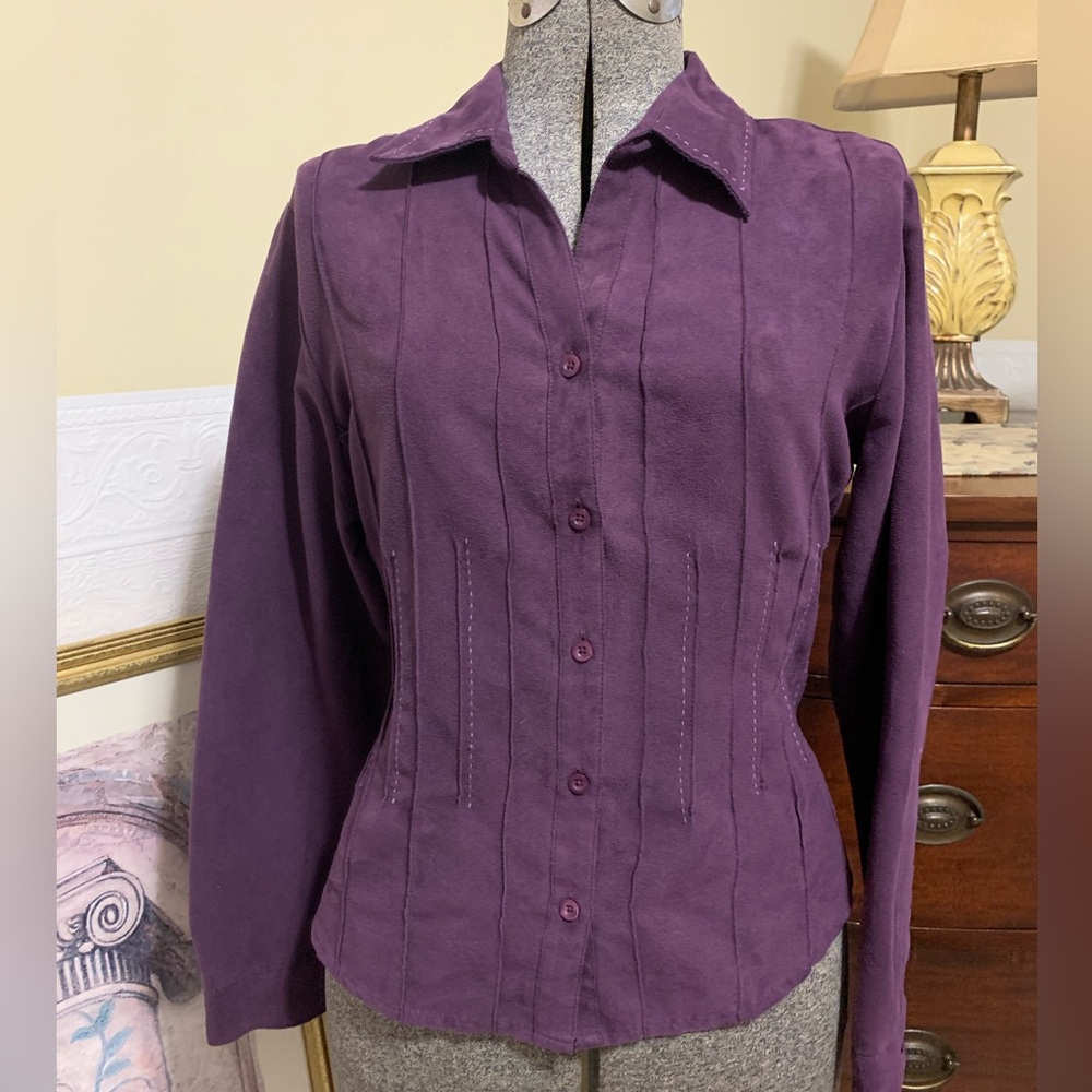 Vintage Ms Lee Purple Faux Suede Long Sleeve Button Up Shirt Size PM